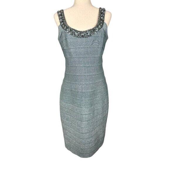 CARMEN MARC VALVO Crystal Embellished Bandage Bodycon Dress Blue Sz L EUC - Picture 1 of 5